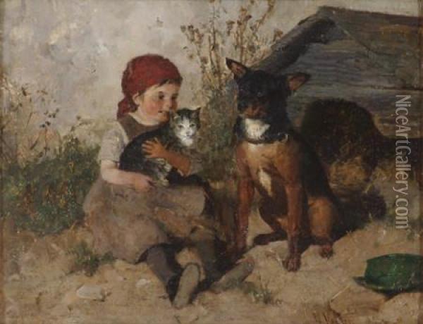 Little Girl With Her Pets Oil Painting - Wilhelm Velten
