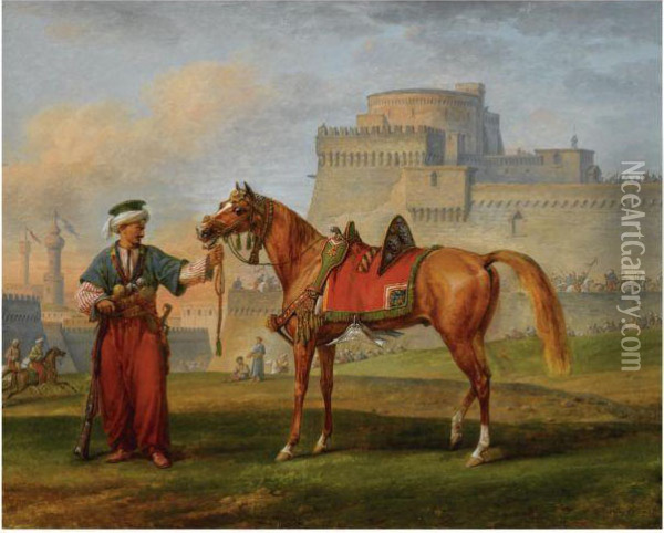 Un Mameluk Entrainant Son Cheval, Une Citadelle Al'arriere-plan Oil Painting - Carle Vernet