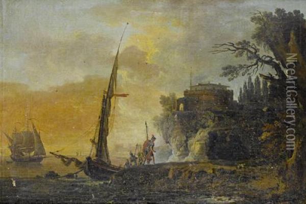 A Mediterranean Coastal Landscape With Soldiers Landing On Rocks, A Fort In The Distance Oil Painting - Claude-joseph Vernet
