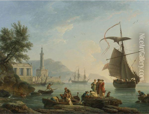 A Mediterranean Harbor At Sunset Oil Painting - Claude-joseph Vernet