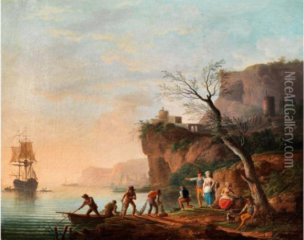 Felsige Uferlandschaft Mit Bucht, Reicher Figurenstaffage Undsegelschiff Im Hintergrund Oil Painting - Claude-joseph Vernet