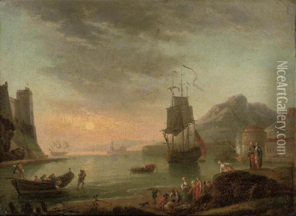 A Mediterranean Port With Fishermen And A Three-master Anchored Off-shore Oil Painting - Claude-joseph Vernet