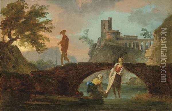 An Italianate River Landscape With Washerwomen And A Figure On A Bridge Oil Painting - Claude-joseph Vernet