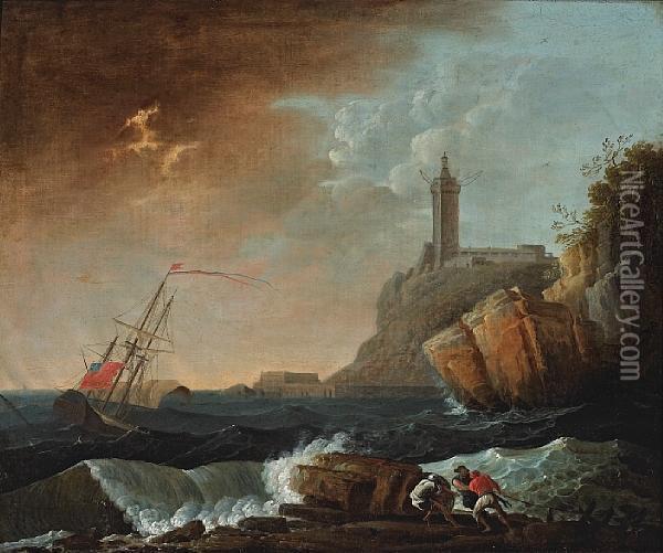A Rocky Coastal Landscape With A Ship Indistress And Figures In The Foreground Oil Painting - Claude-joseph Vernet