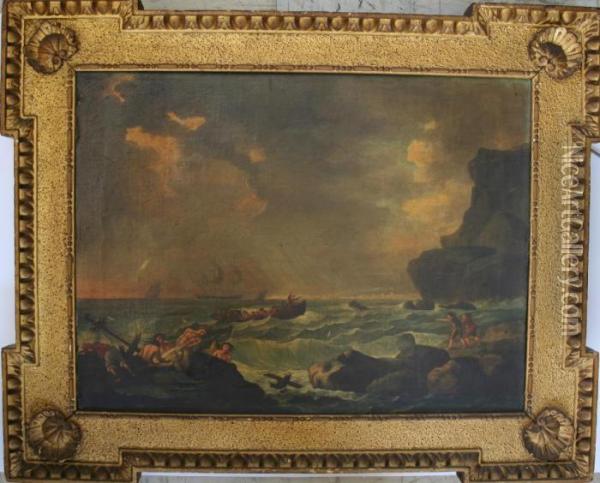 Coastal Scene With Figures On A Rocky Shore Oil On Canvas,
In A Gilt Frame Of Thomas Kent Design 44.5 X 59.5cm Oil Painting - Claude-joseph Vernet