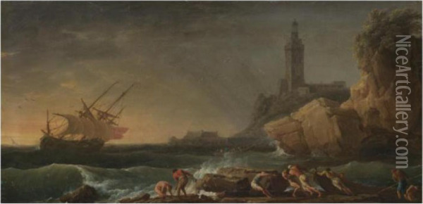 A Mediterranean Coastal Scene 
With Shipping In Stormy Seas And Fishermen In The Foreground Oil Painting - Claude-joseph Vernet