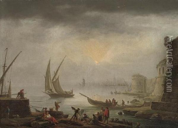 A Harbour At Sunset With Fishermen And Villagers Cooking Fish Over An Open Fire Oil Painting - Claude-joseph Vernet