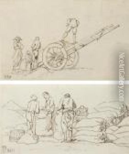Four Men Loading A Wagon; And Three Men Filling Sacks Oil Painting - Claude-joseph Vernet