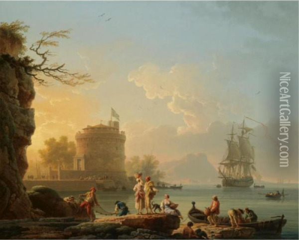A Mediterranean Harbour Scene At
 Sunset, With Fishermen Unloading Their Catch Before A Round Fortress, A
 Man-of-war At Anchor Beyond Oil Painting - Claude-joseph Vernet