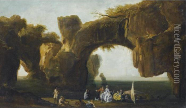A Coastal Landscape With Elegant Figures Oil Painting - Claude-joseph Vernet