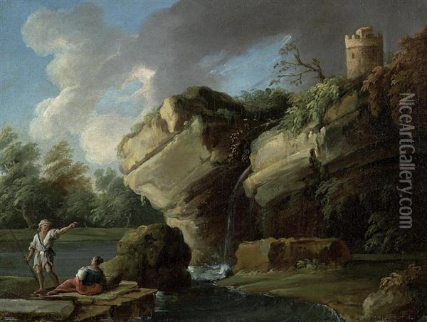 Flusslandschaft Mit Paar Am Felsen. Oil Painting - Claude-joseph Vernet