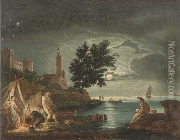 A Moonlit Mediterranean Coastal Landscape With Figures By A Fire Oil Painting - Claude-joseph Vernet