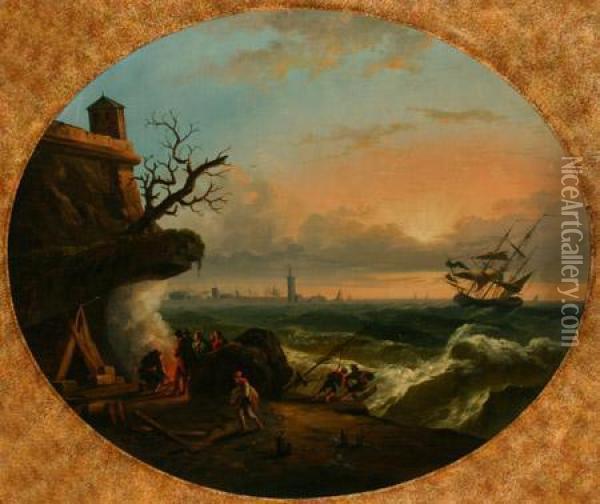 Port Scene With Figures Before A Storm Oil Painting - Claude-joseph Vernet