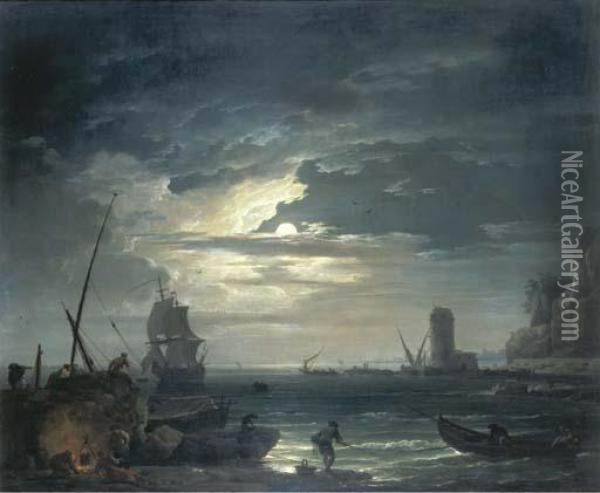 A Mediterranean Inlet By 
Moonlight With Fisherfolk Cooking By Arock, A Three-master About To Drop
 Anchor And A Tower Beyond Oil Painting - Claude-joseph Vernet