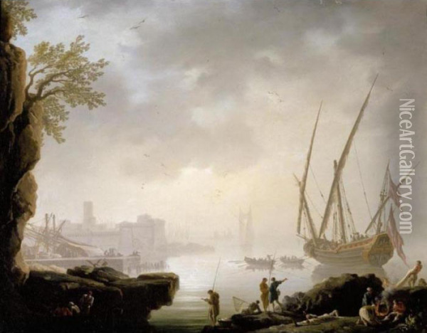 A Coastal Landscape With A 
Harbour In The Early Morning, Fishermen And Other Figures Warming 
Themselves In The Foreground, A Fortified Port Beyond Oil Painting - Claude-joseph Vernet