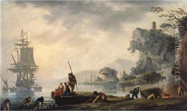 The Return Of The Fishermen In A Coastal Landscape With Ruins In The Foreground Oil Painting - Claude-joseph Vernet