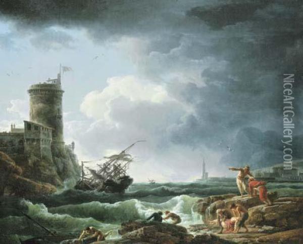 A Storm With A Shipwreck By A Fortress, A Castaway In Theforeground Oil Painting - Claude-joseph Vernet