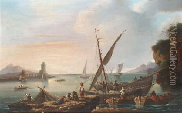 Mediterranean Traders Unloading On The Shore Oil Painting - Claude-joseph Vernet