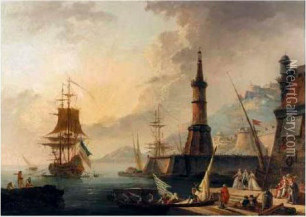 A Mediterranean Harbour Scene Oil Painting - Claude-joseph Vernet