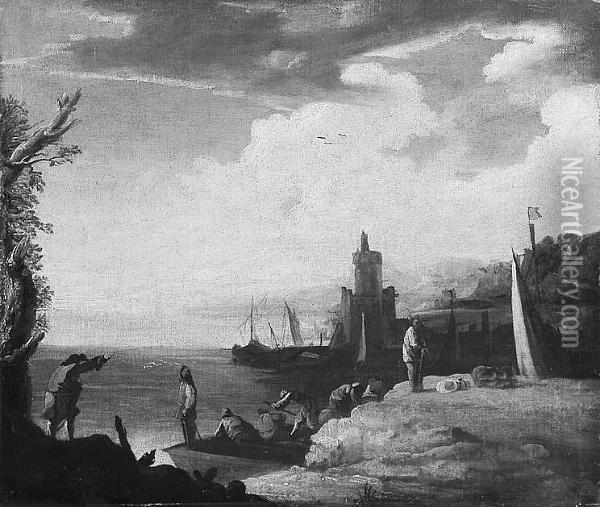 Figures On A Shore With Mediterranean Harbour Beyond Oil Painting - Claude-joseph Vernet