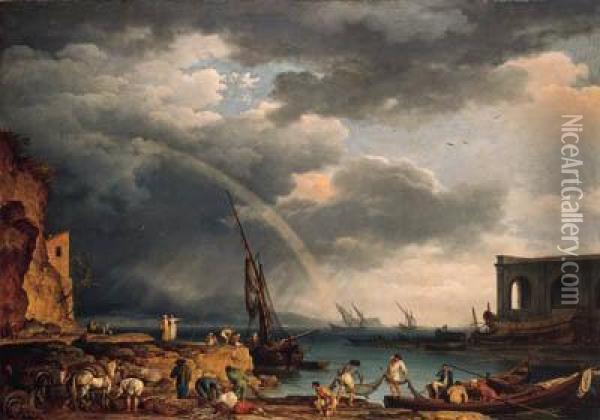 L'arc En Ciel: An Italianate 
Coastal View With A Rainbow, Fishermenand Peasants At An Inlet In The 
Foreground, A Shipwright's Yardbeyond Oil Painting - Claude-joseph Vernet