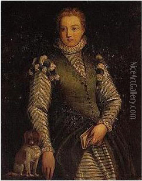 Portrait Of A Lady, Wearing A Green Dress, Holding A Book, Together With Her Pet Dog Oil Painting - Paolo Veronese (Caliari)