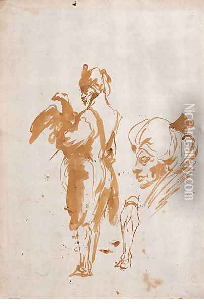An Oriental holding an Eagle, and a subsidiary study of a head and a leg Oil Painting - Giovanni Domenico Tiepolo