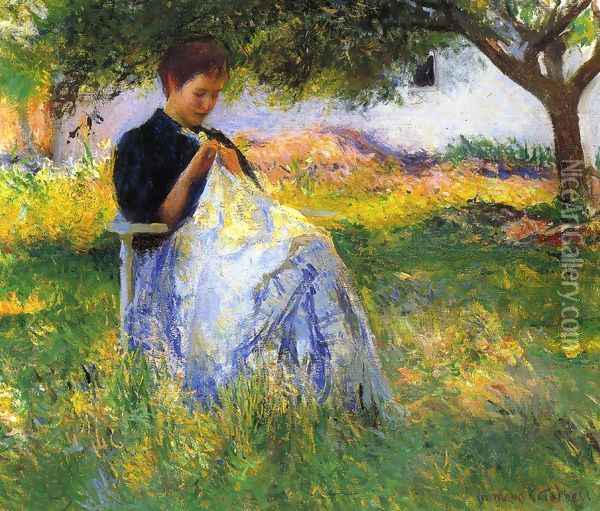 A Girl Sewing in an Orchard Oil Painting - Edmund Charles Tarbell