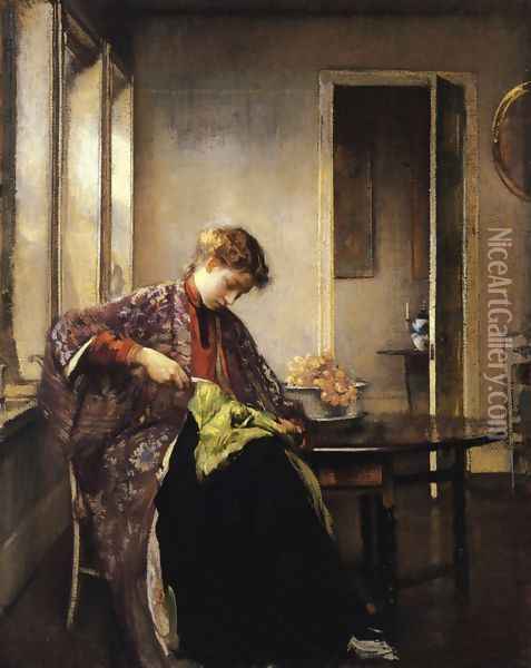 Girl Mending Oil Painting - Edmund Charles Tarbell