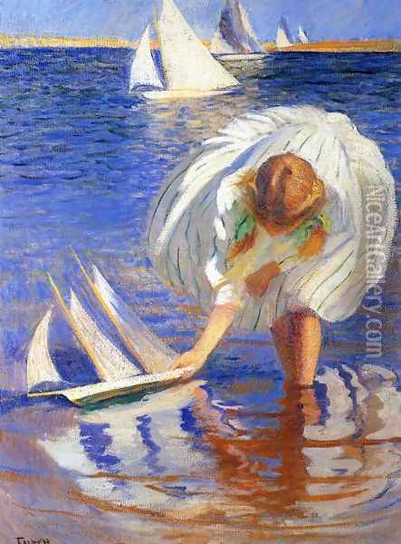 Girl with Sailboat (aka Child with Boat) Oil Painting - Edmund Charles Tarbell