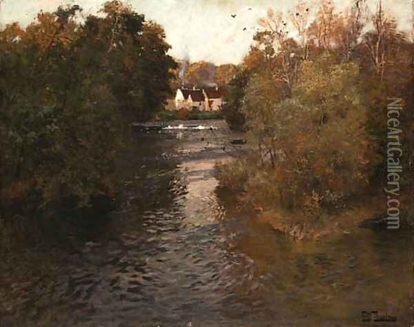 A river landscape with cottages Oil Painting - Fritz Thaulow
