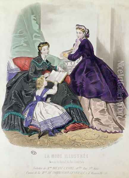 Fashion plate showing clothes designed by Madame Breant-Castel, from La Mode Illustree, 1864 Oil Painting - Anais (or Colin, Adele Anais) Toudouze