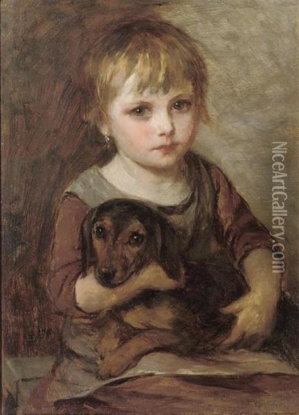 Young Girl And Her Dachshund Oil Painting - Mihaly Munkacsy