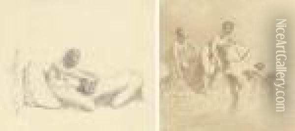 Quatre Jeune Filles Nues Se 
Baignant Dans La Mer; Et Une Sceneerotique Avec Une Fille Nue Couchee 
Devant Une Autre Oil Painting - Mihaly von Zichy