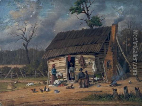 Washday Cabin Scene With Chimney Pole, Cereal Field Beyond And Distant Mountain Skyline Oil Painting - William Aiken Walker