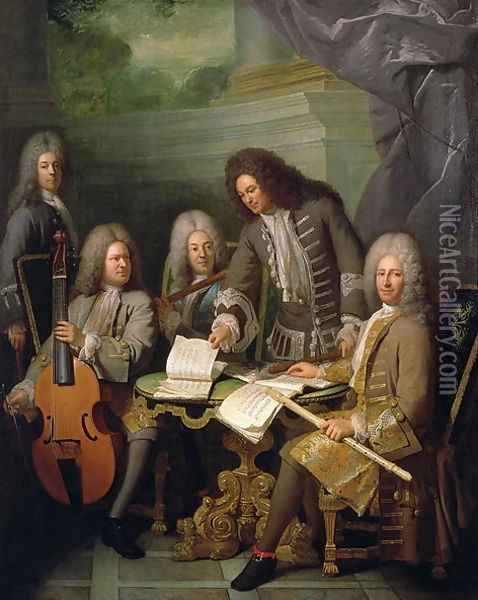 La Barre and Other Musicians, c.1710 Oil Painting - Robert Tournieres