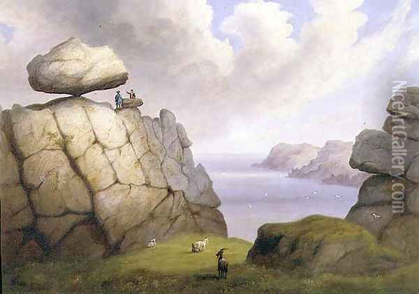 A Rocking Stone on a Coastal Cliff, 1833 Oil Painting - Richard Tongue