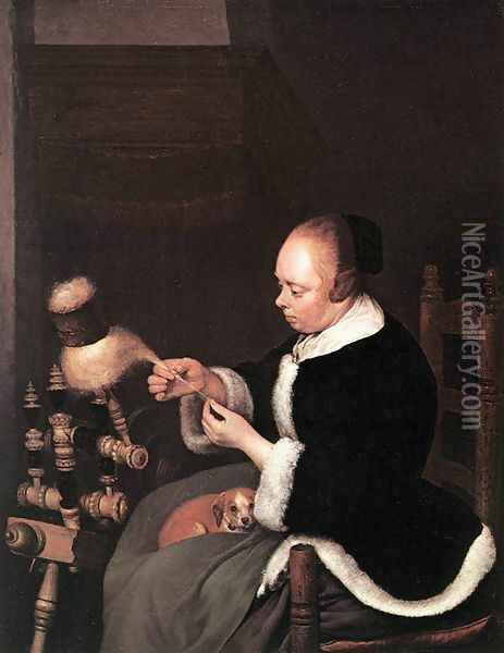 A Woman Spinning Oil Painting - Gerard Terborch