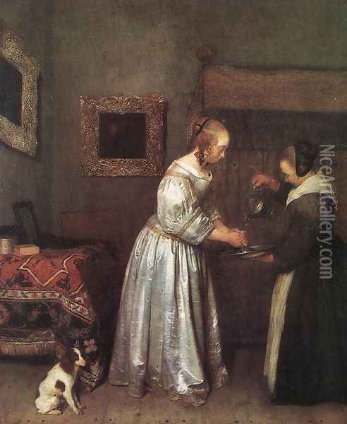 Woman Washing Hands Oil Painting - Gerard Terborch