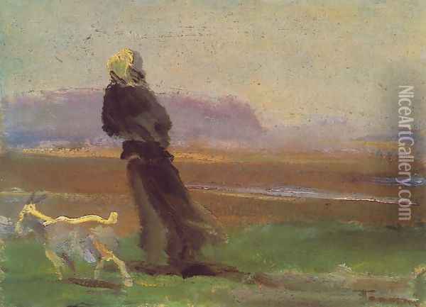 Woman with Goat c. 1910 Oil Painting - Janos Tornyai