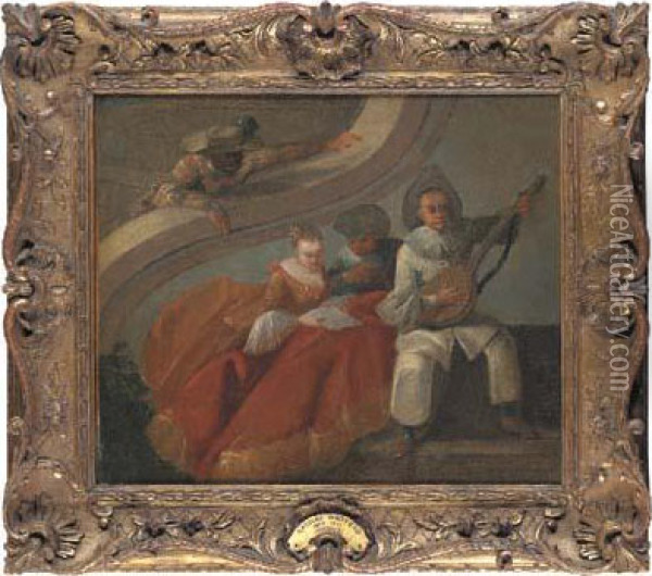 Elegant Figures From The Commedia Dell'arte Oil Painting - Watteau, Jean Antoine