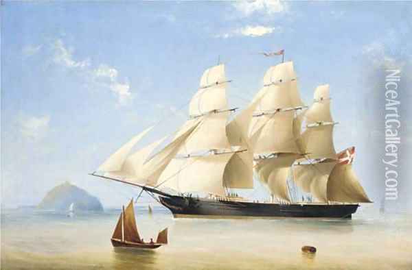 A Danish full-rigged ship heaving-to off an island Oil Painting - Frederick Tudgay