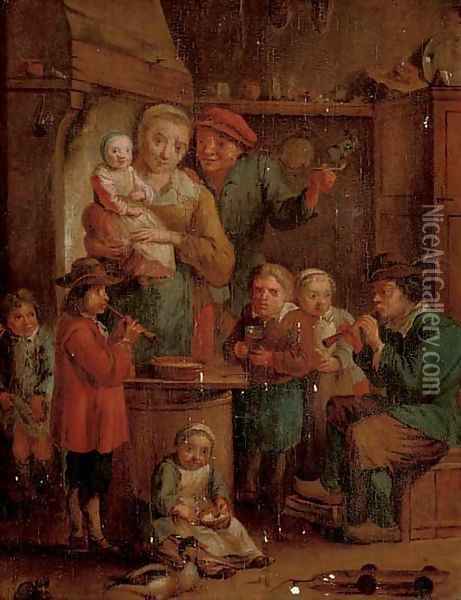 A family in a kitchen interior with two musicians Oil Painting - David The Younger Teniers