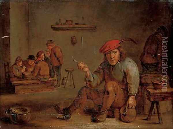A peasant smoking and drinking in a tavern Oil Painting - David The Younger Teniers
