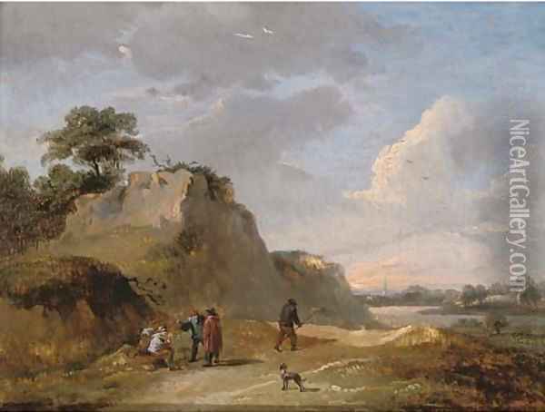 An extensive dune landscape with travellers resting on a track Oil Painting - David The Younger Teniers