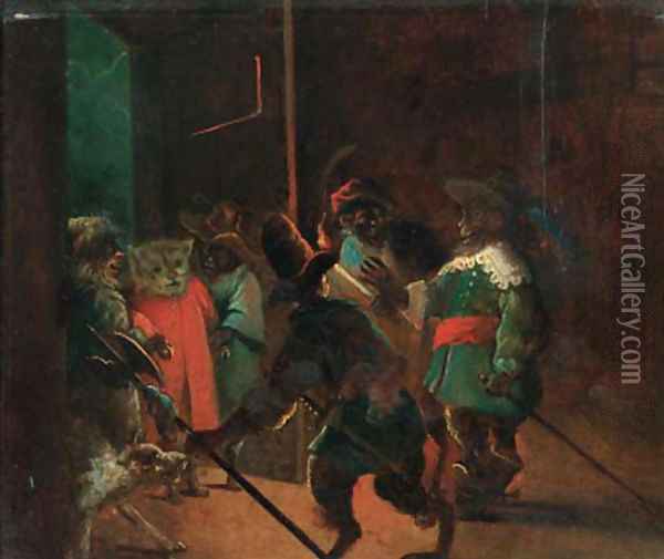 A singerie monkeys dressed as soldiers arresting a cat Oil Painting - David The Younger Teniers