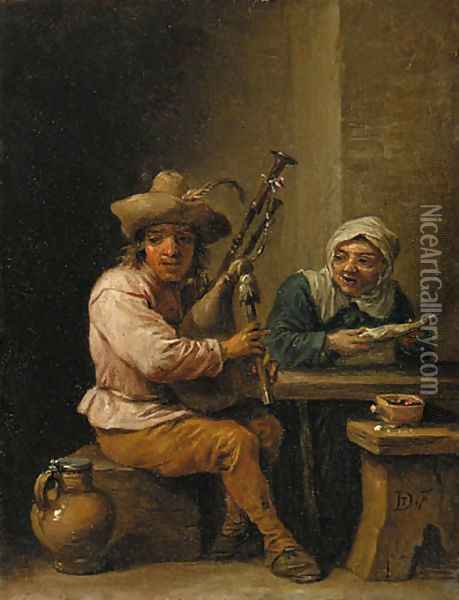 A bagpipe player with a lady reading a letter in an interior Oil Painting - David The Younger Teniers