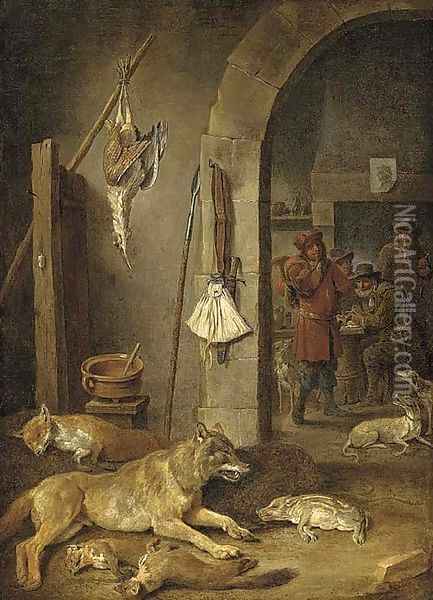 Huntsmen after the chase in an interior, with a hunting still life in the foreground Oil Painting - David The Younger Teniers
