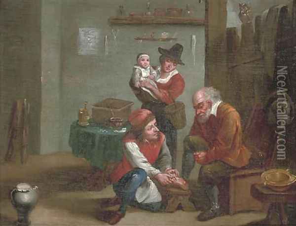 A chiropodist treating a man's foot with a peasant woman and a baby watching Oil Painting - David The Younger Teniers