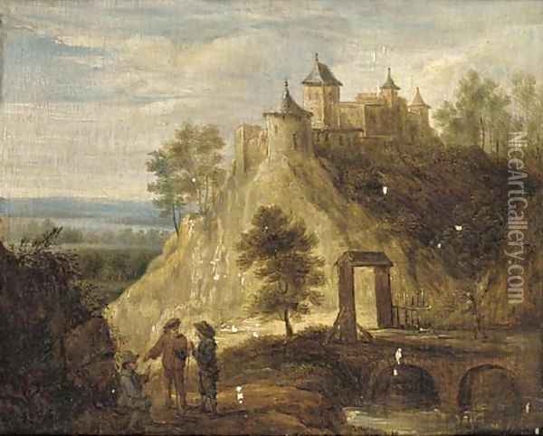 A hilly landscape with peasants on a path by a river, a castle beyond Oil Painting - David The Younger Teniers
